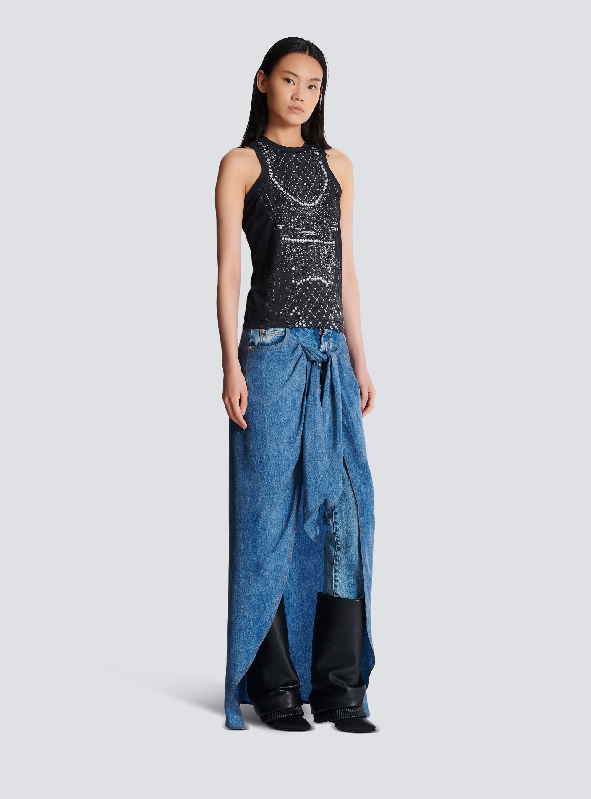 Balmain Soft Tank Top With Faux Embroidery Print In Black
