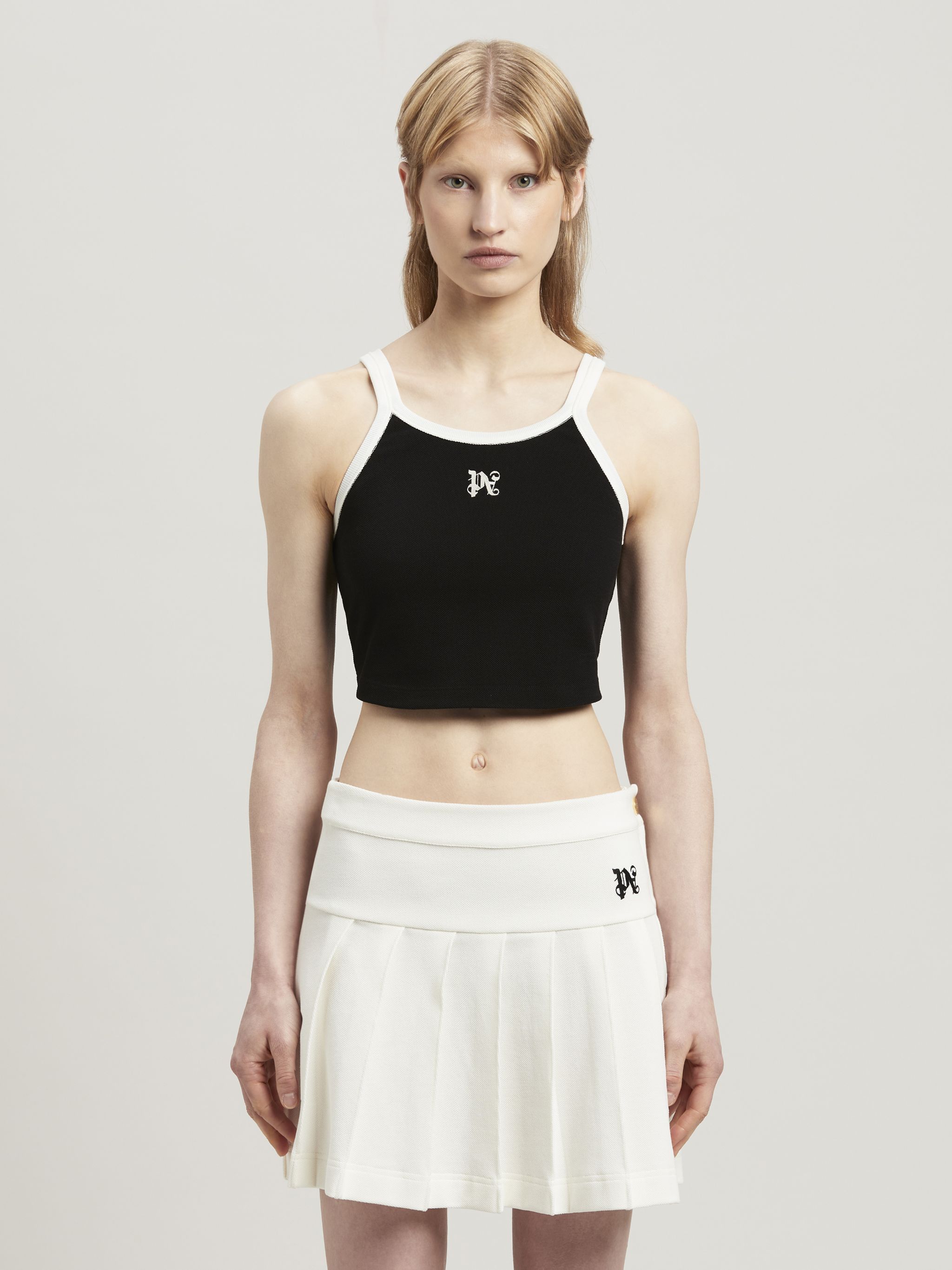 Palm Angels Black Pa Monogram Cropped Tank Top In Black