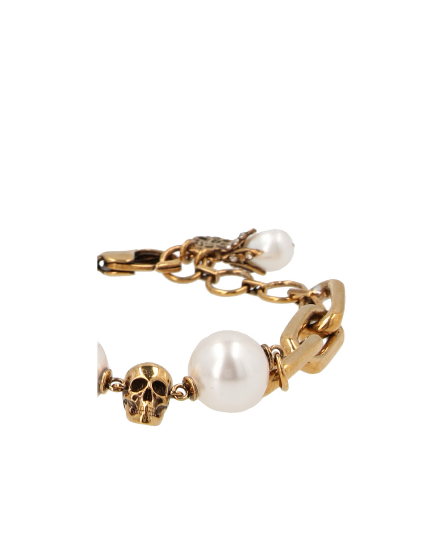 Alexander Mcqueen Pearl-embellished Skull Bracelet In Yellow