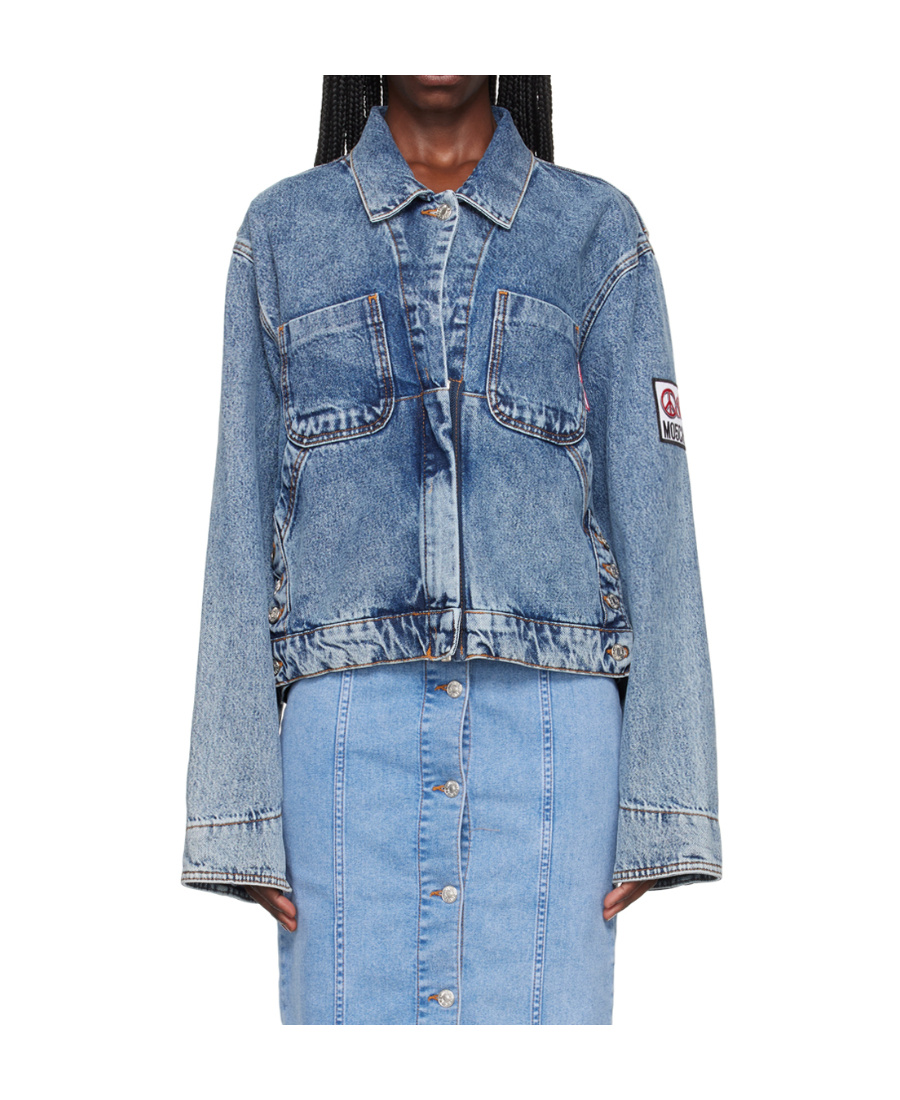 Shop Moschino Slit Long-sleeved Denim Coat In Blue