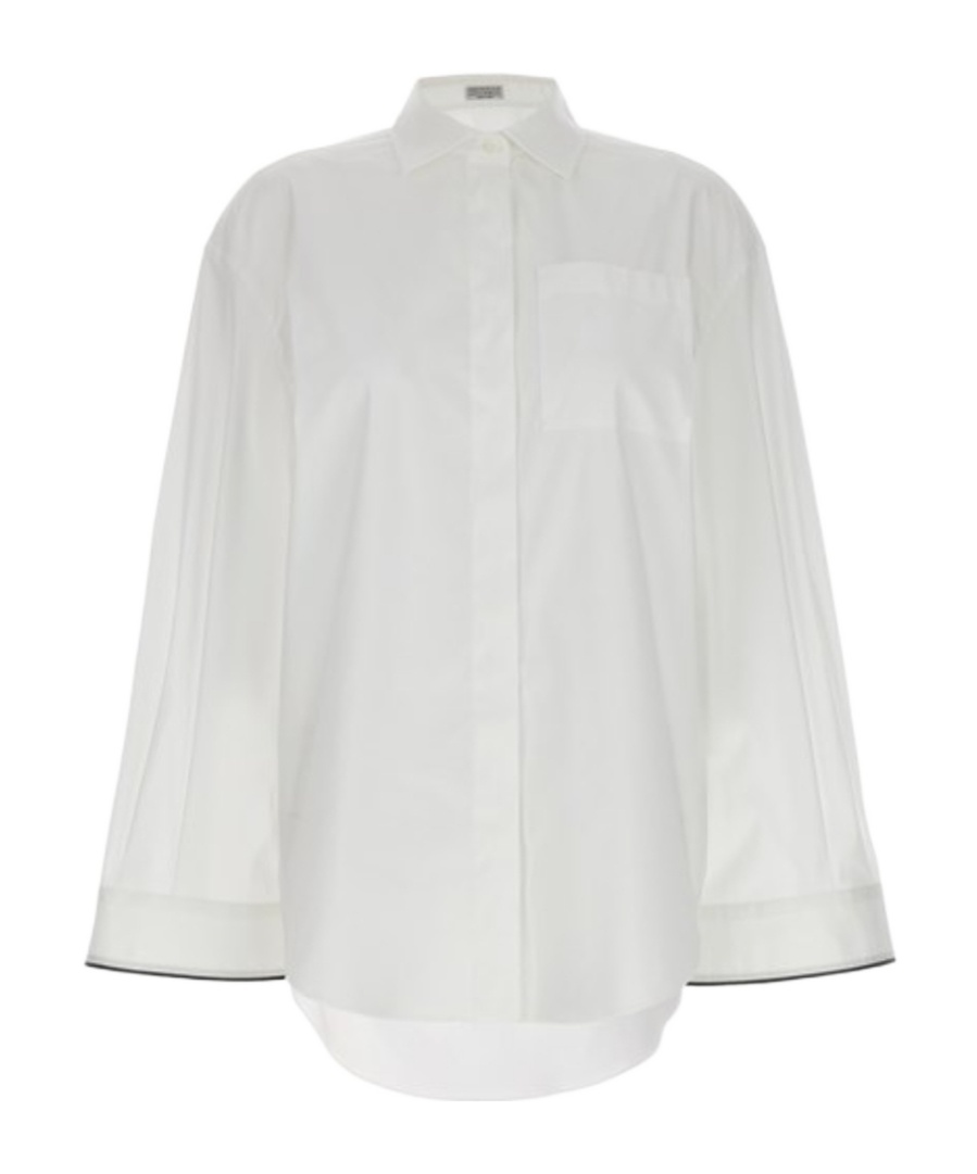 Brunello Cucinelli Oversized White Shirt With Contrasting Hem In Cotton Blend Woman In White