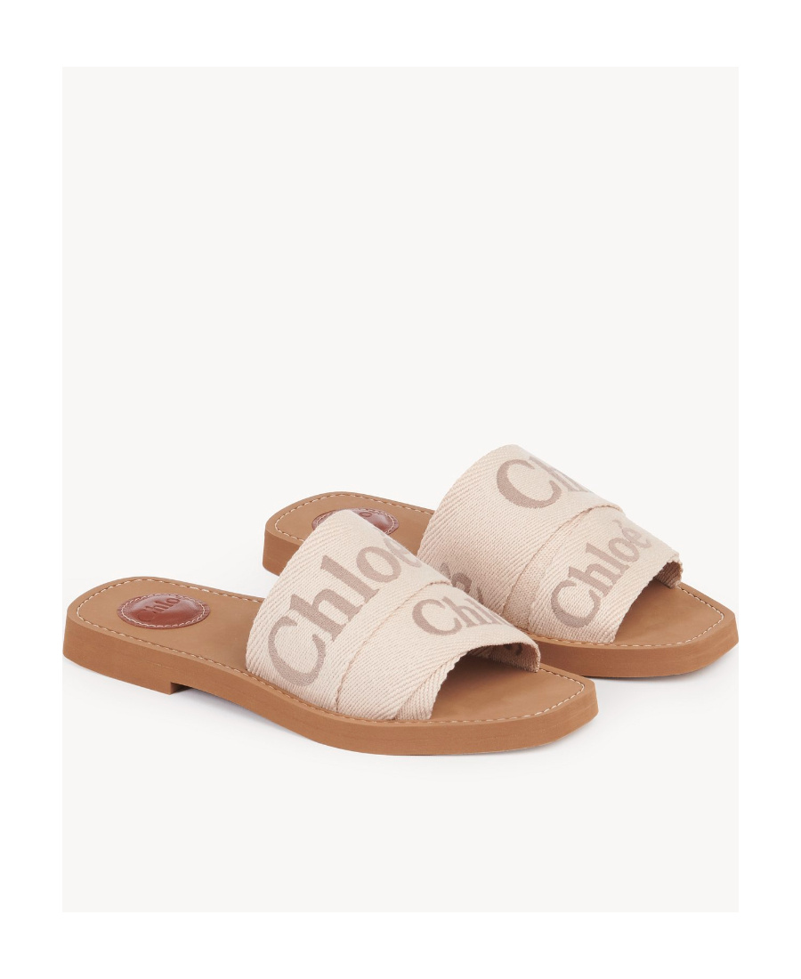 Chloé Woody Canvas And Leather Flat Sandals In Brown