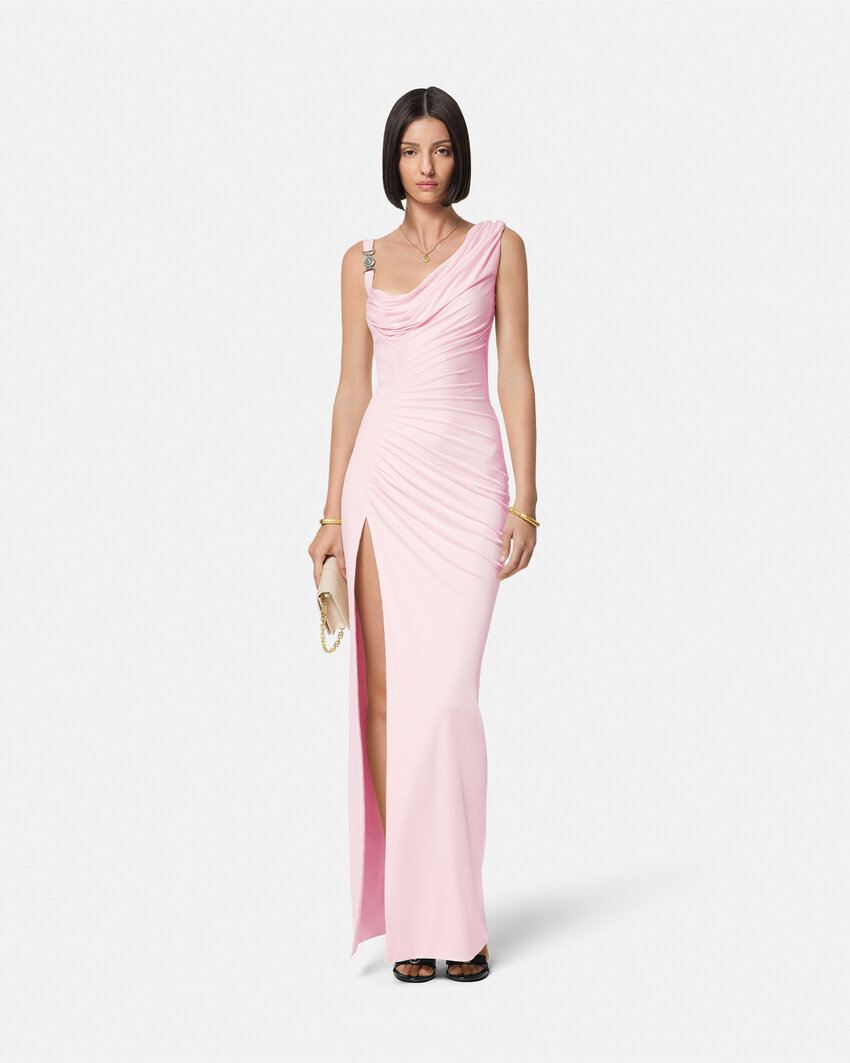 Shop Versace Logo-plaque Maxi Dress In Light Pink