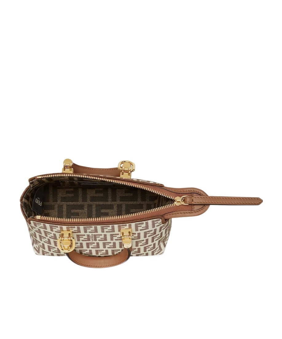 Fendi Small Brown Ff Fabric Boston Bag In Nude