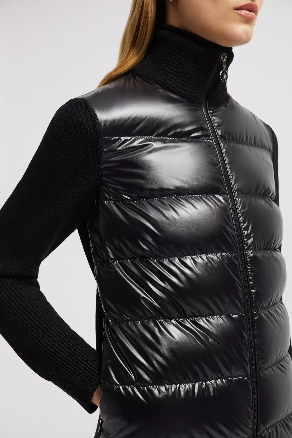 Moncler Knitted-panels Puffer Jacket In Black