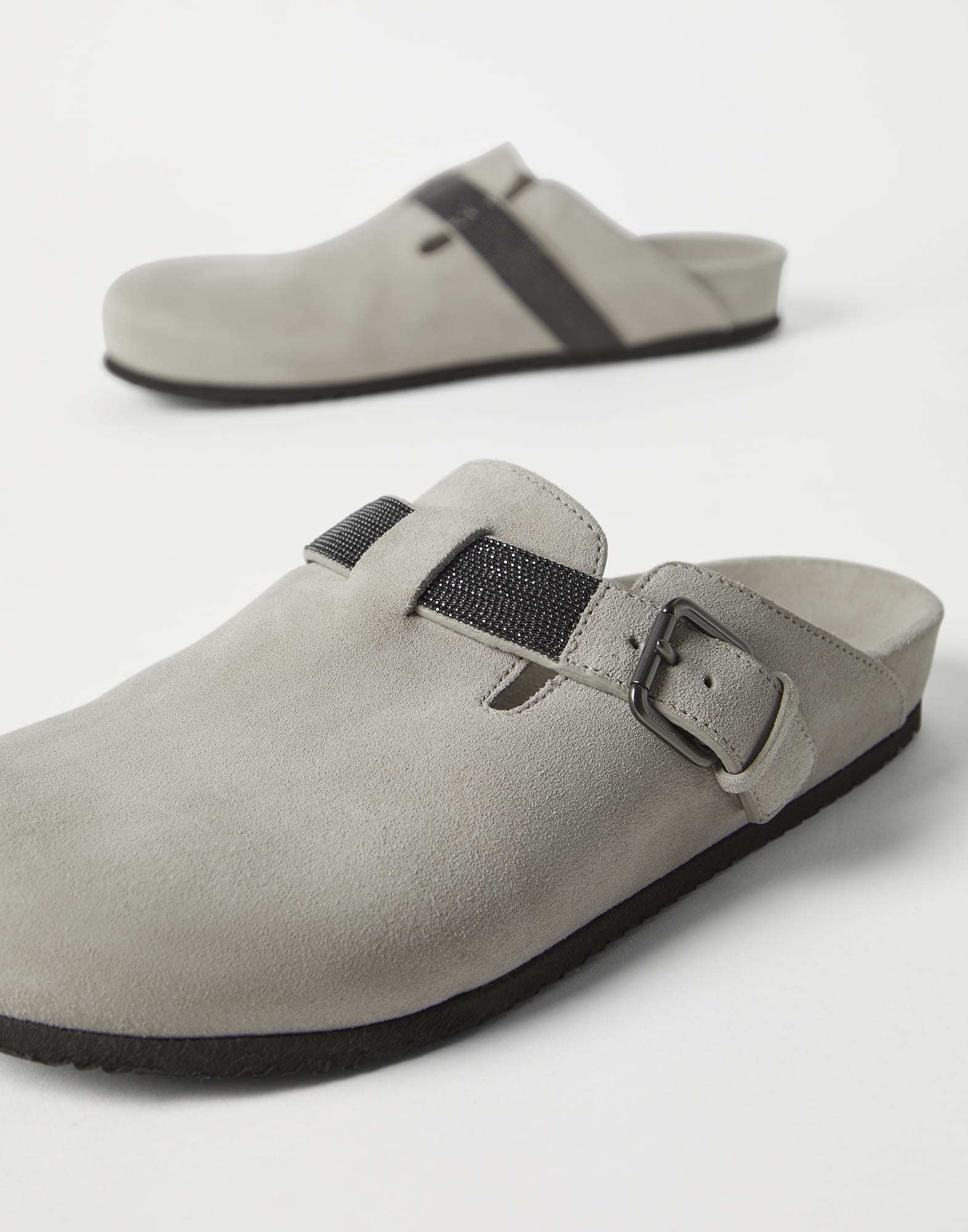 Brunello Cucinelli Monili-detail Suede Slippers In Light Gray