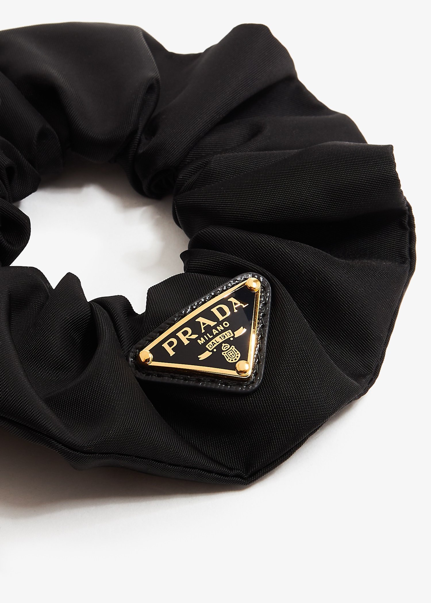 Prada Gathered Black Scrunchie With Triangular Logo Patch In Black