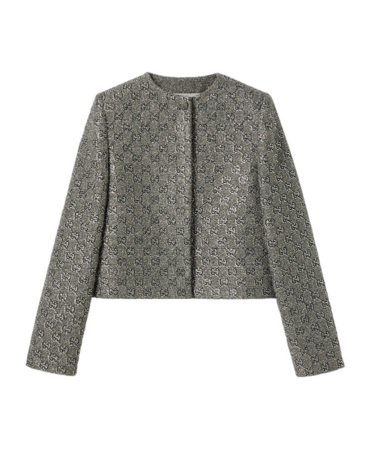 Gucci Embroidered Gg Wool Tweed Jacket In Gray