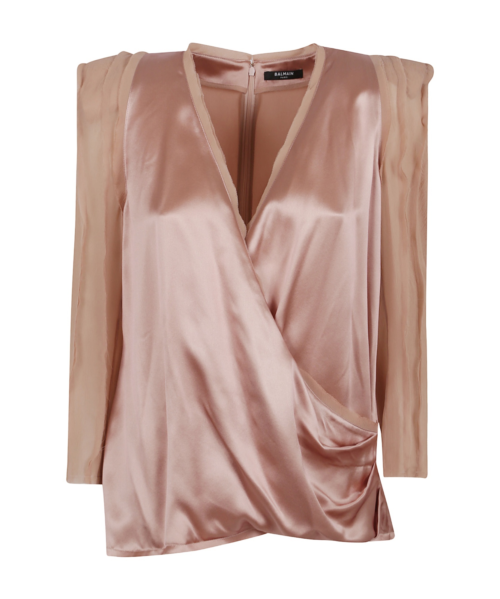 Balmain Long Sleeves Silk Crepe Draped Top In Pink Beige