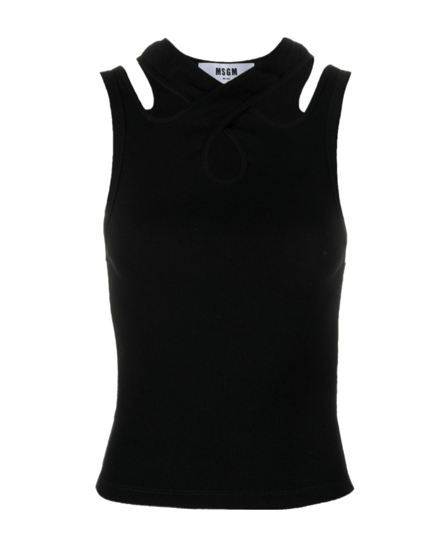 Msgm Black Ribbed Tank Top With Cut-out Detailing In Cotton Woman In Black