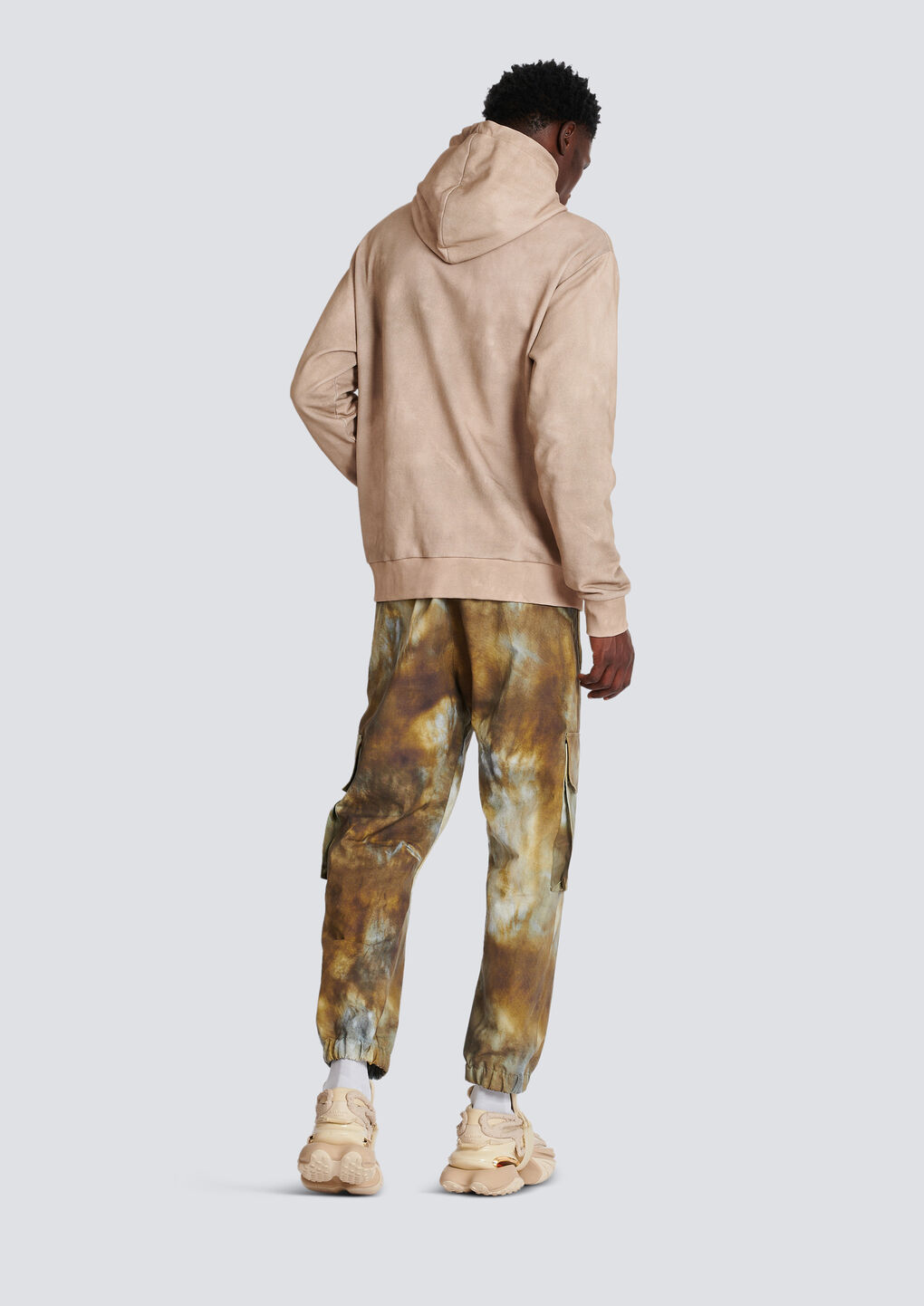 Shop Balmain Hoodie In Eco-responsible Cotton With Paris Desert Logo Print In Nude