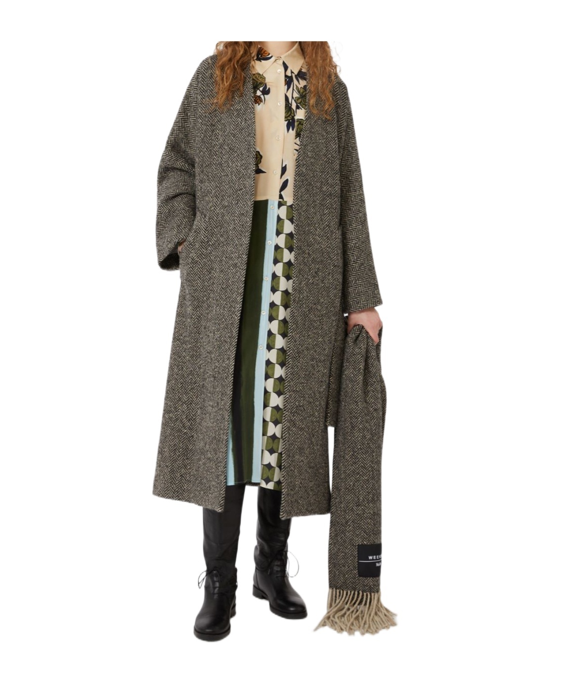 Weekend Max Mara Zenica Scarf Detail Herringbone Tweed Wool Blend Coat In Gray