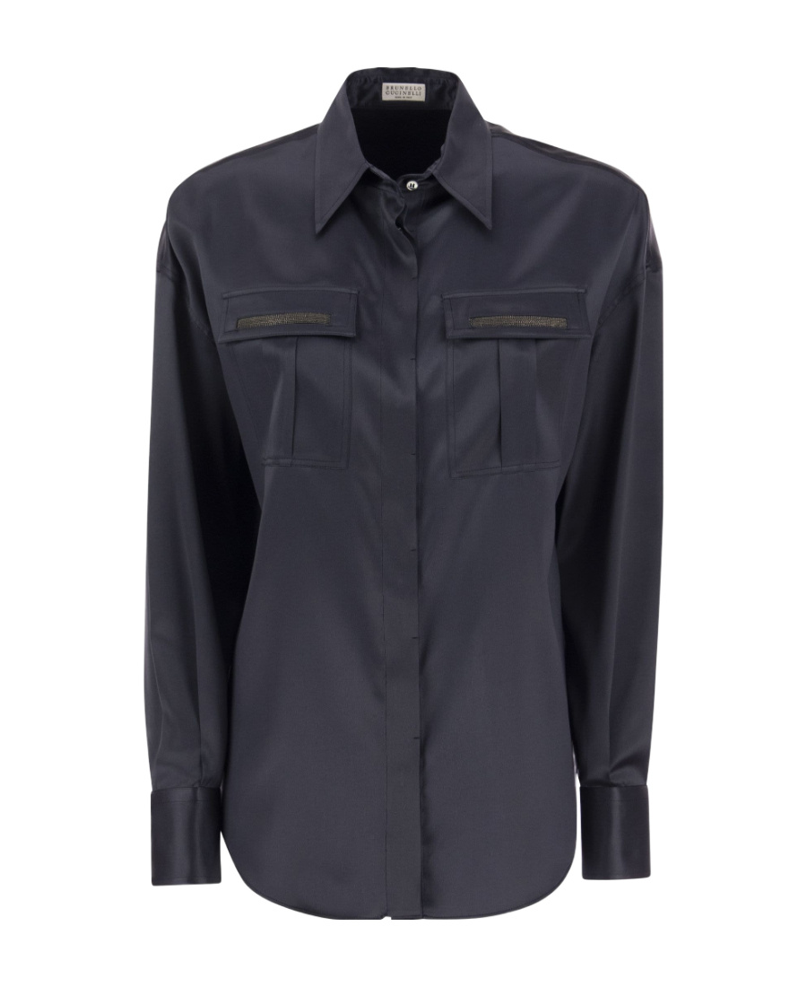 Brunello Cucinelli Women's Stretch Silk Satin Shirt With Shiny Pockets In Blue