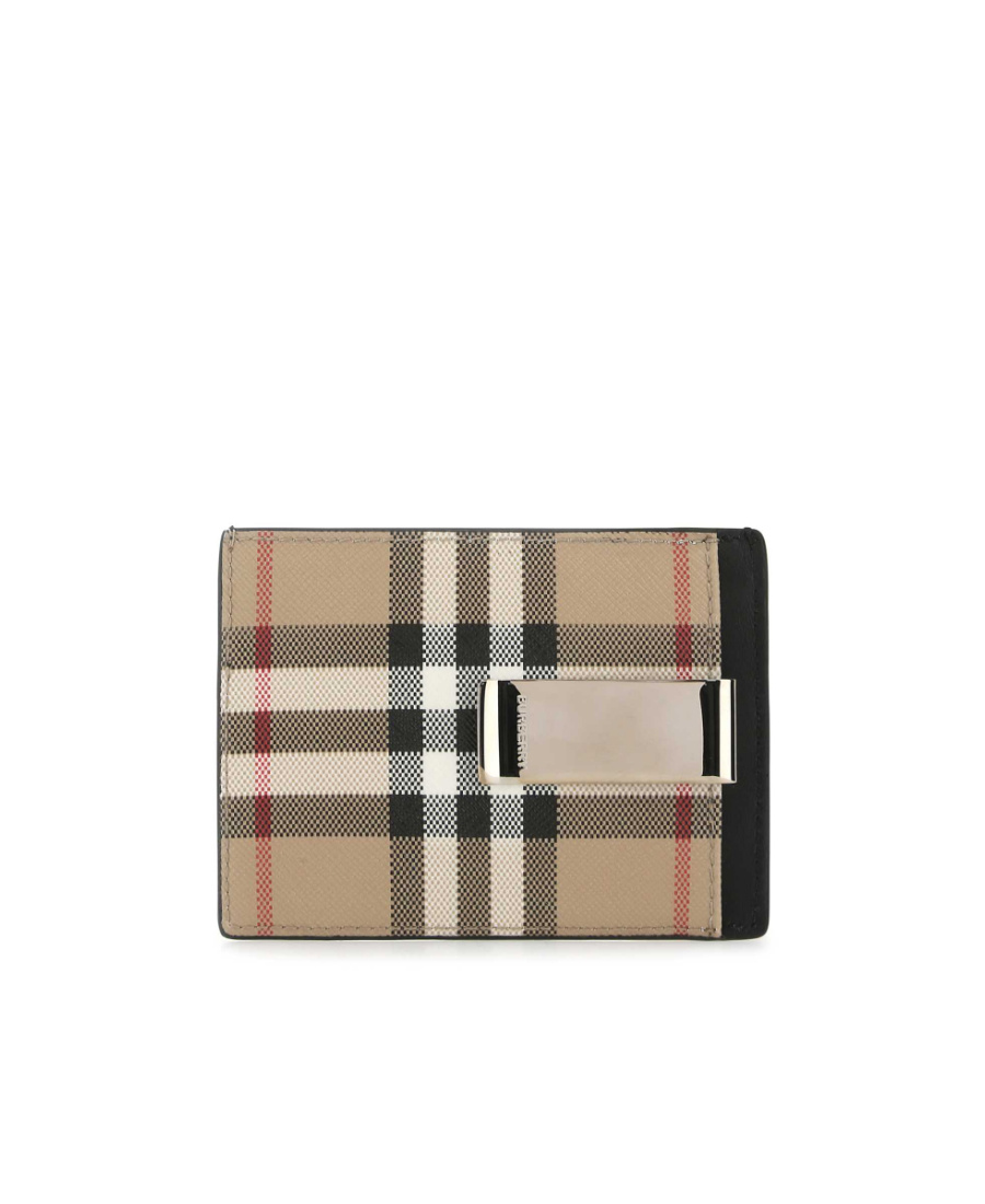 Burberry Beige Check Money Clip Card Holder In Black