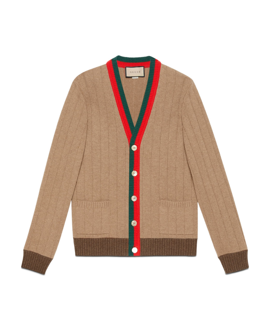 Gucci Web Stripe Ribbed-knit Cardigan In Nude