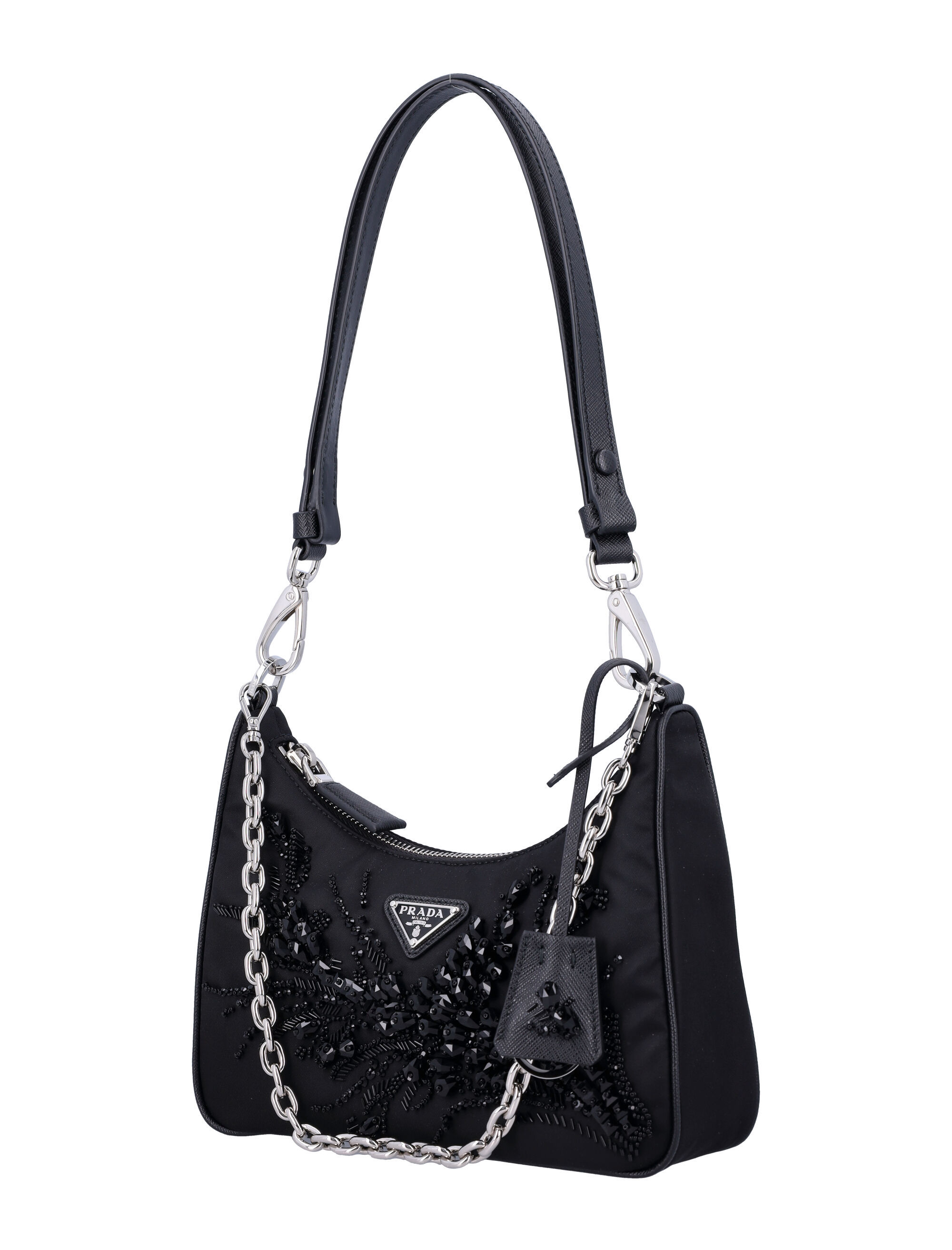 Prada Embellished Zipped Shoulder Bag In Black