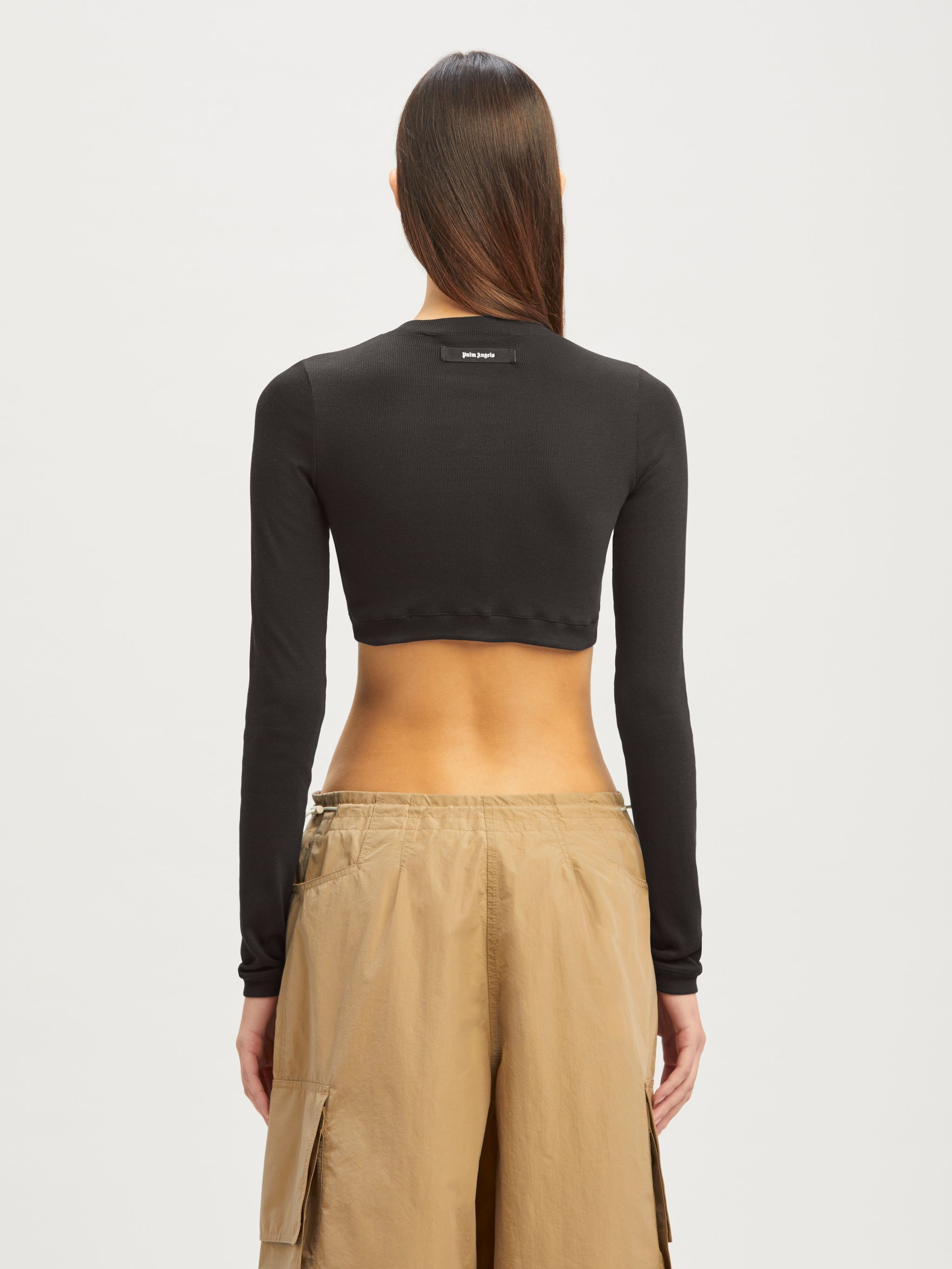 Palm Angels Crewneck Long-sleeved Cropped Top In Black