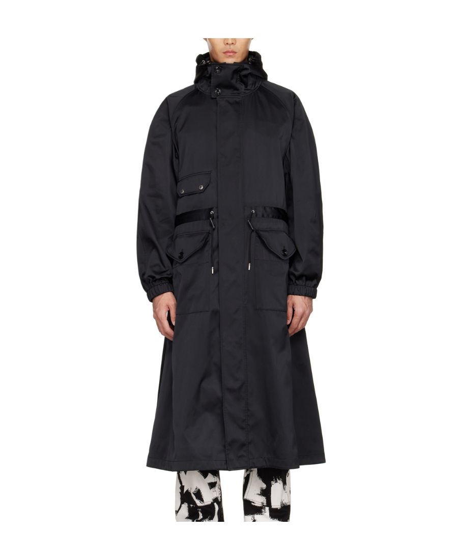 Alexander Mcqueen Drawstring Waist Hooded Coat In Black