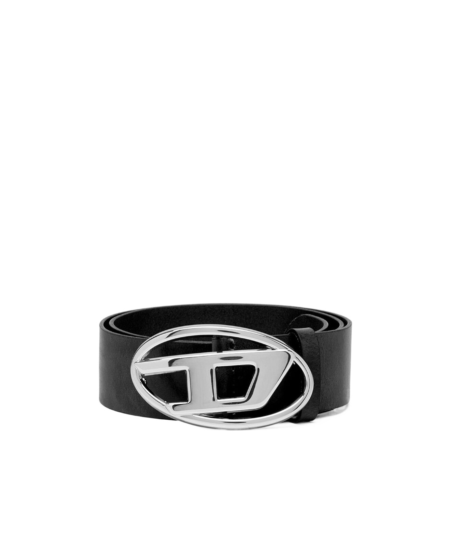 Diesel Black Leather Belt With Polished Oval Buckle