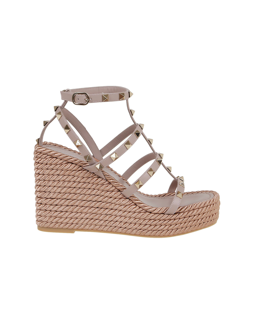 Shop Valentino Rockstud Ankle Strap Wedge Sandal In Calfskin Leather 95 Mm In Nude
