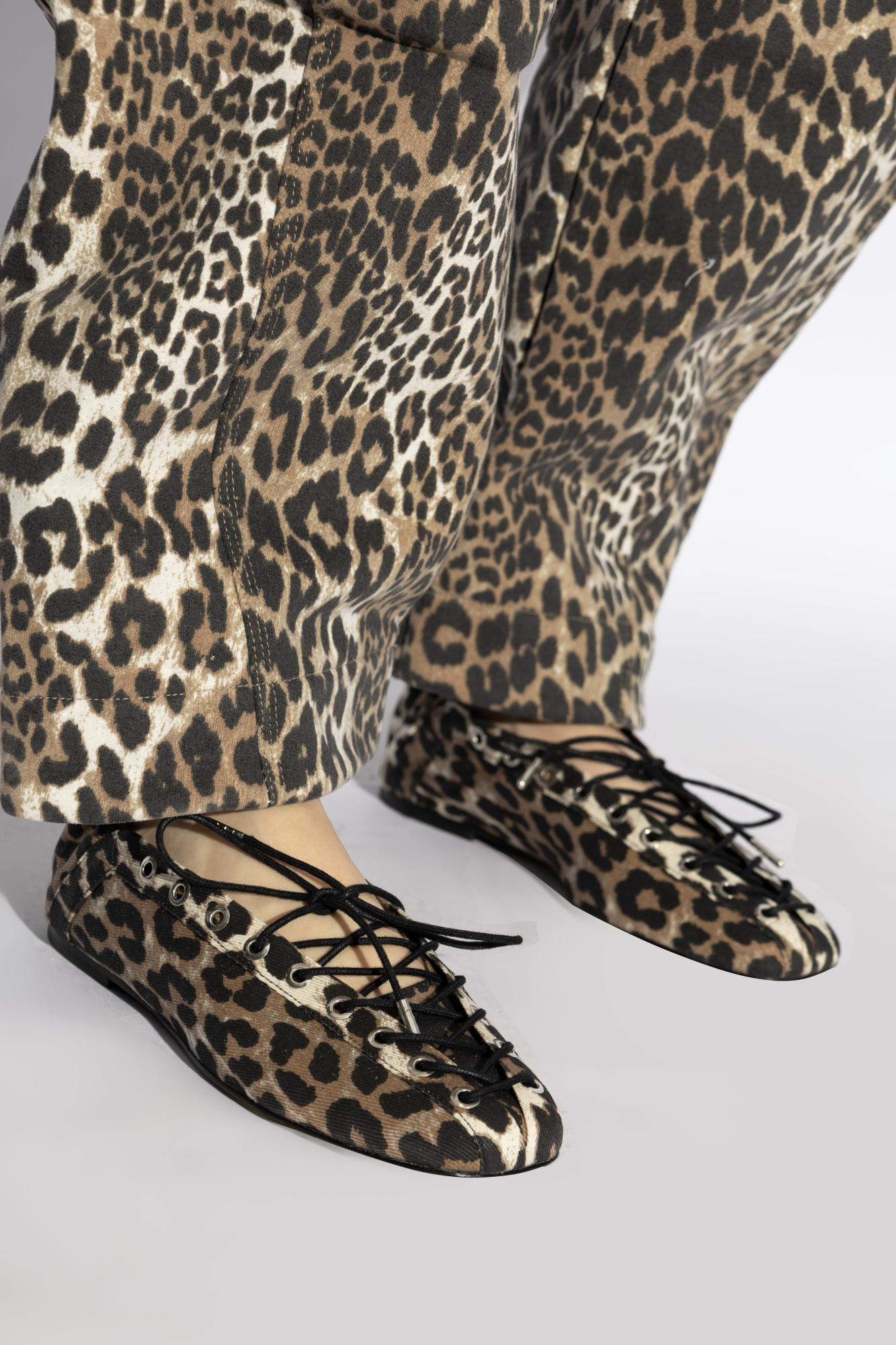 Ganni Brown Lace-up Ballerinas With Metal Eyelets And All-over Print In Fabric Woman In Black