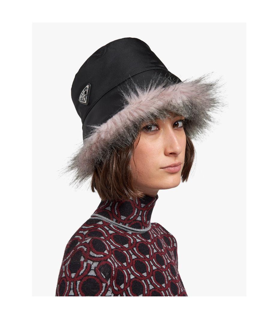 Prada Re-nylon Faux-fur Trim Bucket Hat In Black