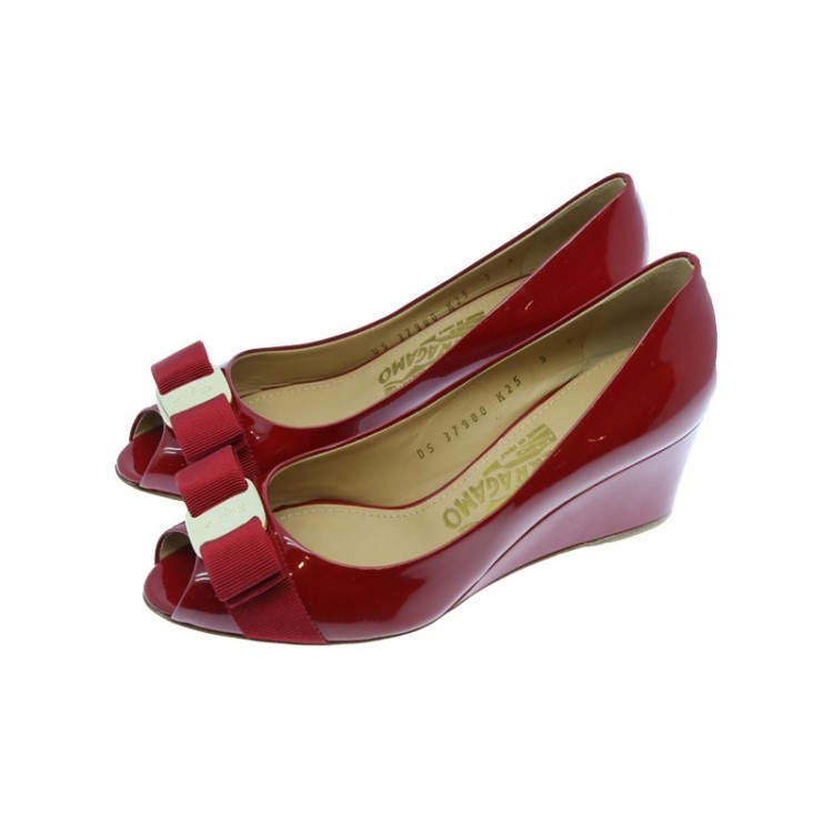 Ferragamo Bow Knot Fish Mouth Slope Heel Shoes In Red