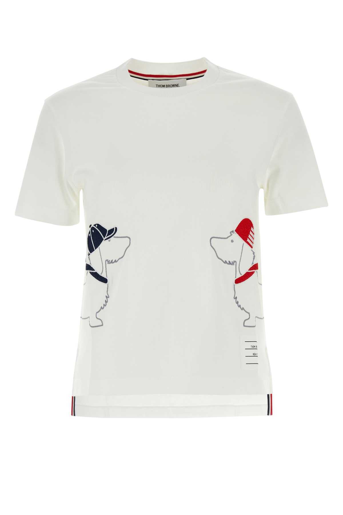 Thom Browne レディースTシャツ Thom Browne Ladies Dog-embroidered Cotton T-shirt In White