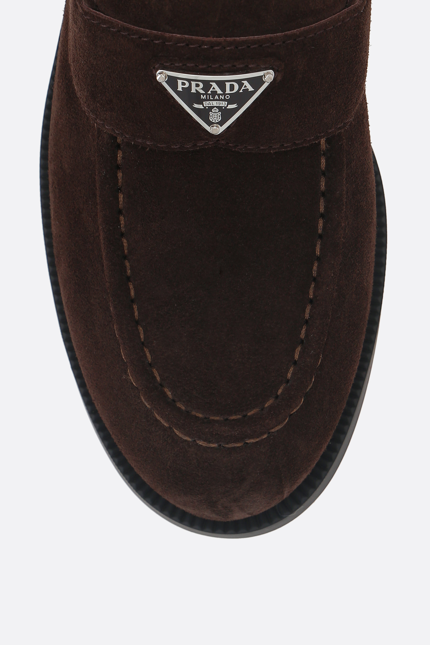 Prada Enamel Triangle-logo Suede Loafers In Brown