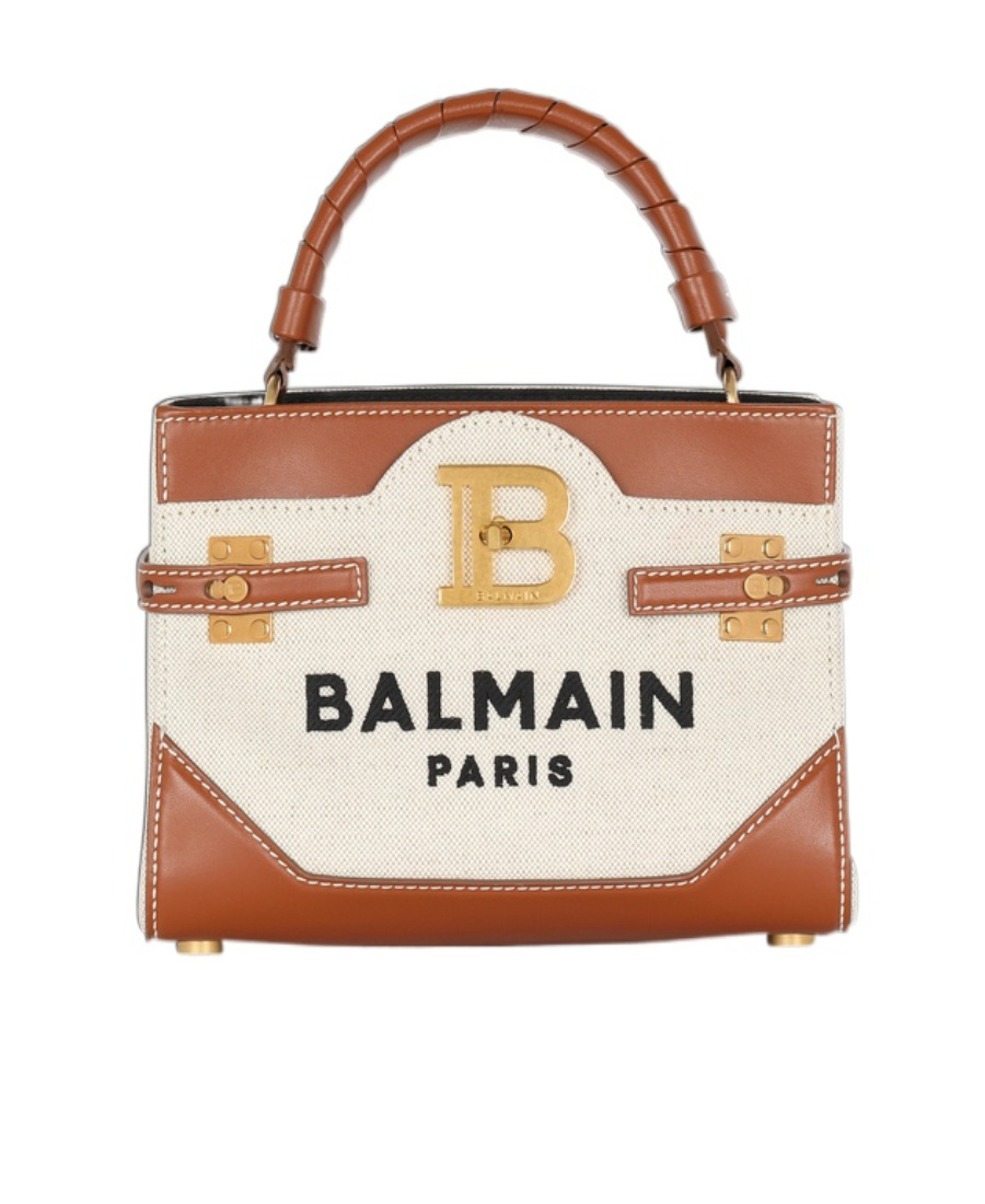 Shop Balmain B-buzz 22 Canvas Top Handle Bag With Leather Insert In Multicolor