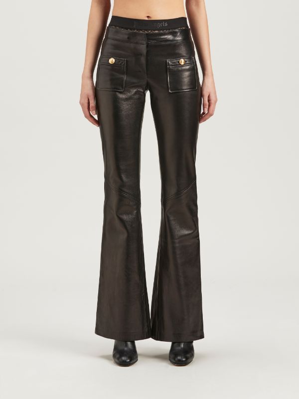 Shop Palm Angels Mid-rise Leather Flared Trousers In Black