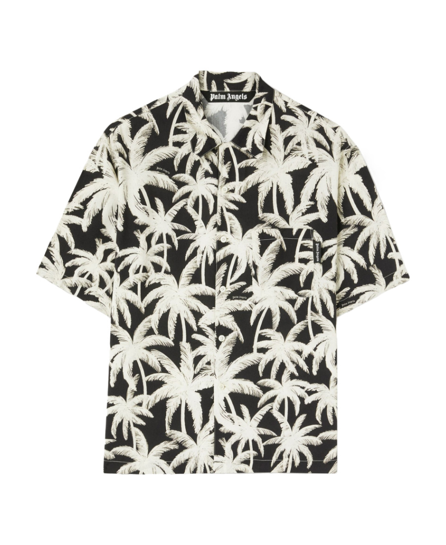 Palm Angels Black And White Short Sleeve Shirt With All-over Palm Print In Viscose In White