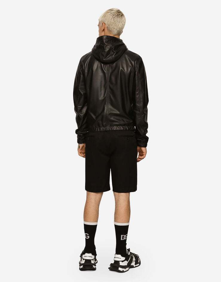 Dolce & Gabbana Leather Jacket With Hood And Branded Tag In Black