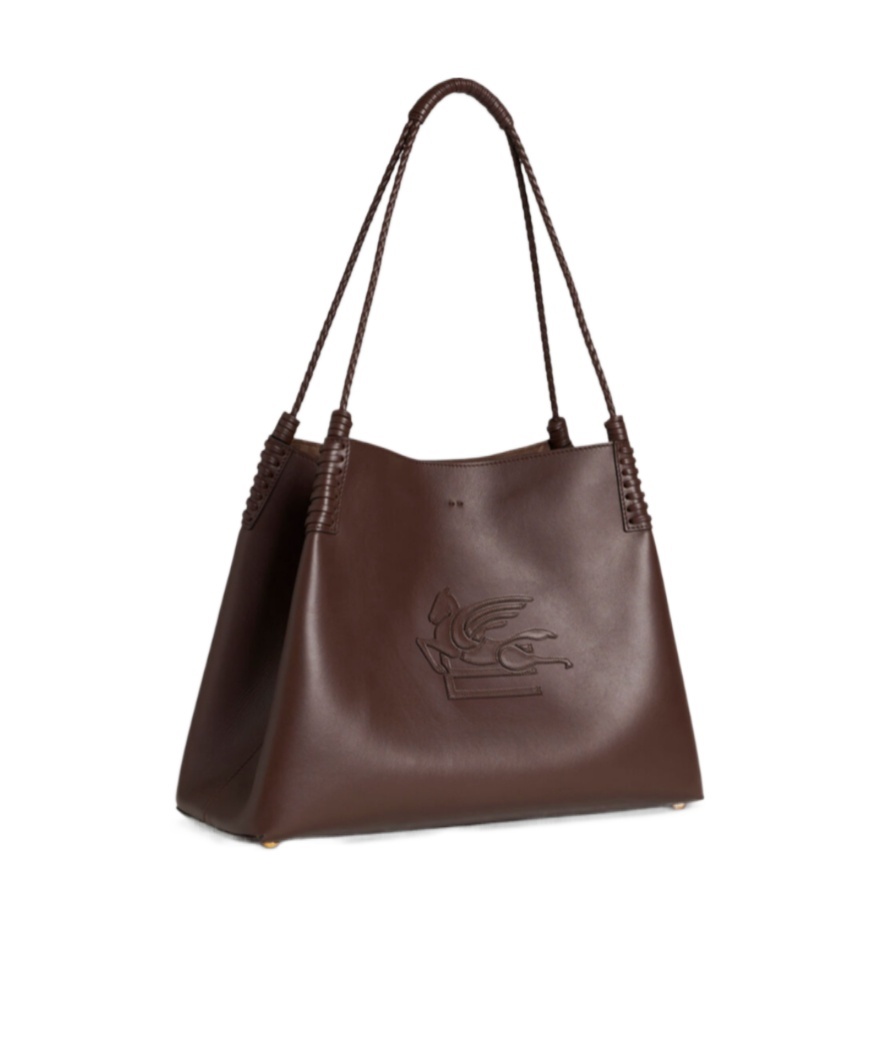 Etro Brown Leather Bag With Embroidered Logo In Multicolor