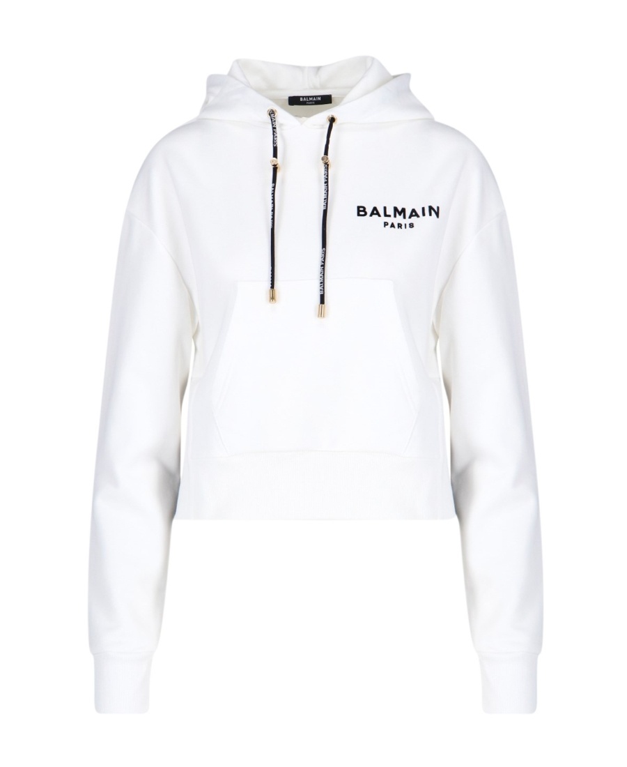 Balmain Cropped Flocked Organic Cotton-jersey Hoodie In White