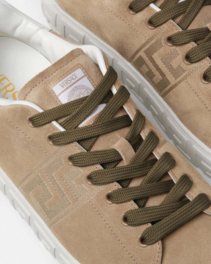 Versace Greca Suede Low Top Sneaker In Gold