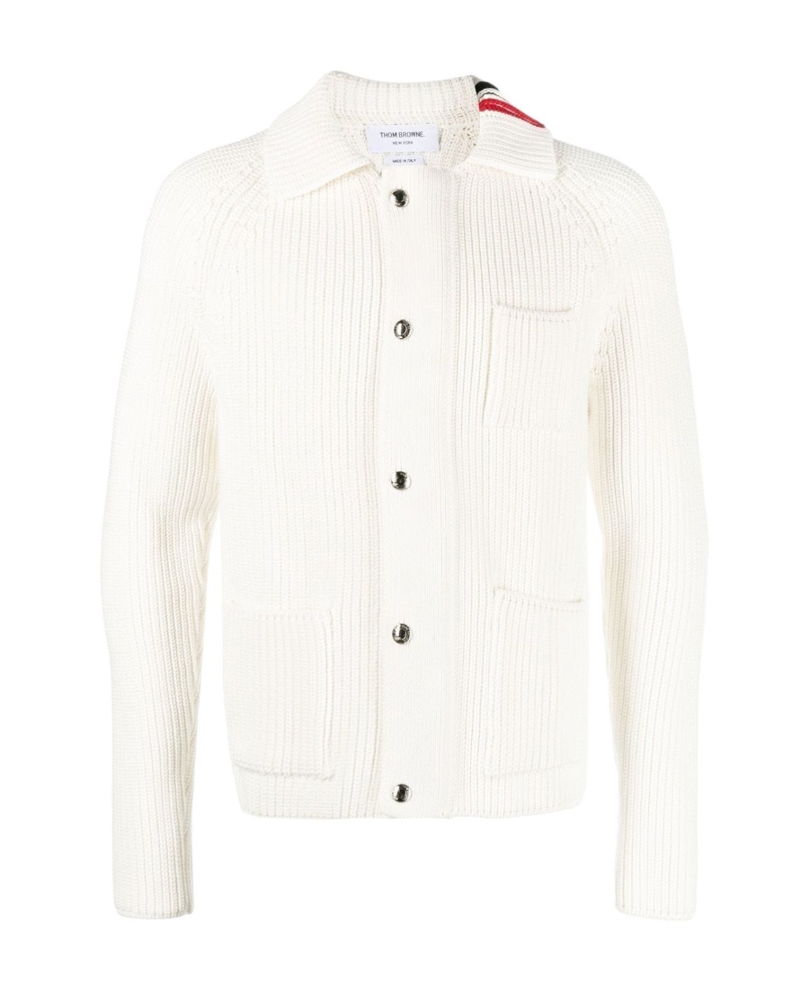 Shop Thom Browne Rwb-stripe Ribbed-knit Cardigan In White