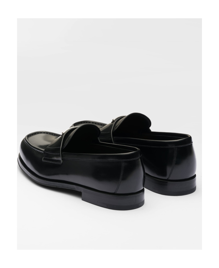 Prada Triangle Logo Chocolate Brushed Leather Loafers In Black