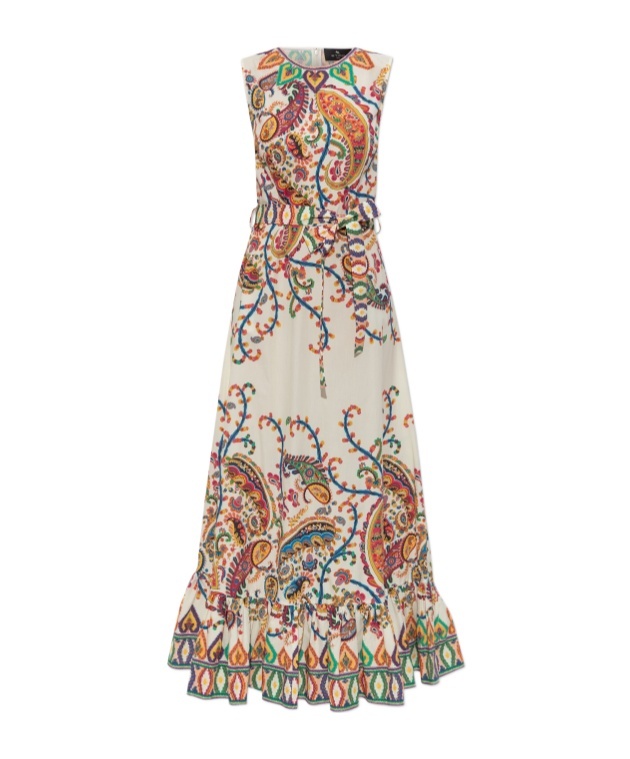 Etro Long Cotton Dress With Placed Floral Paisley Print In Multi