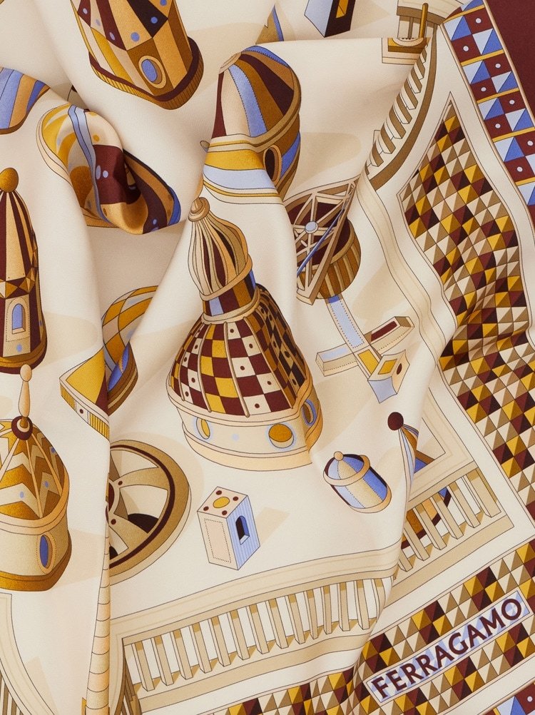 Ferragamo Geometrical Renaissance Print Silk Scarf In White