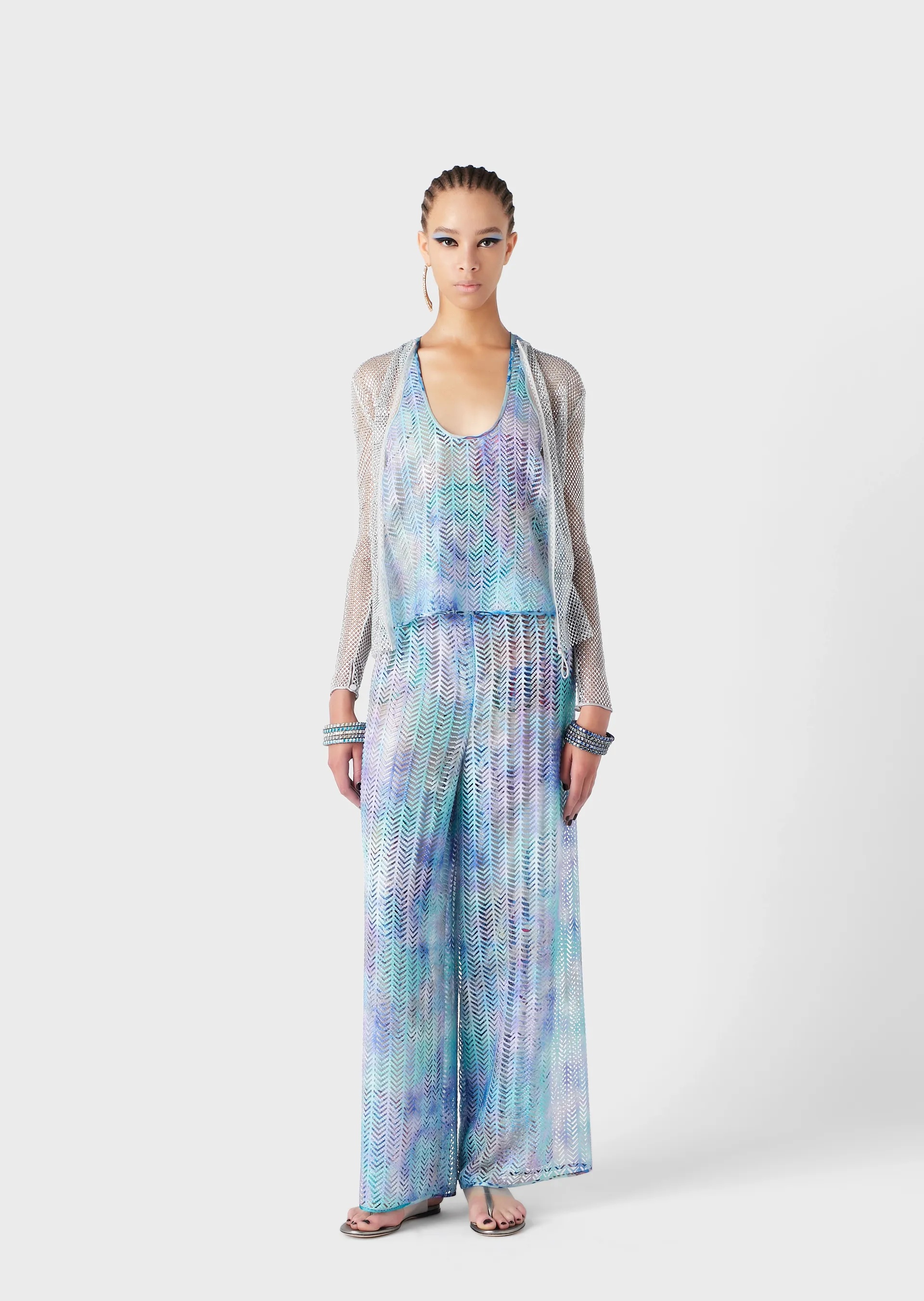 Giorgio Armani Crystal Mesh Zipper Cardigan In White