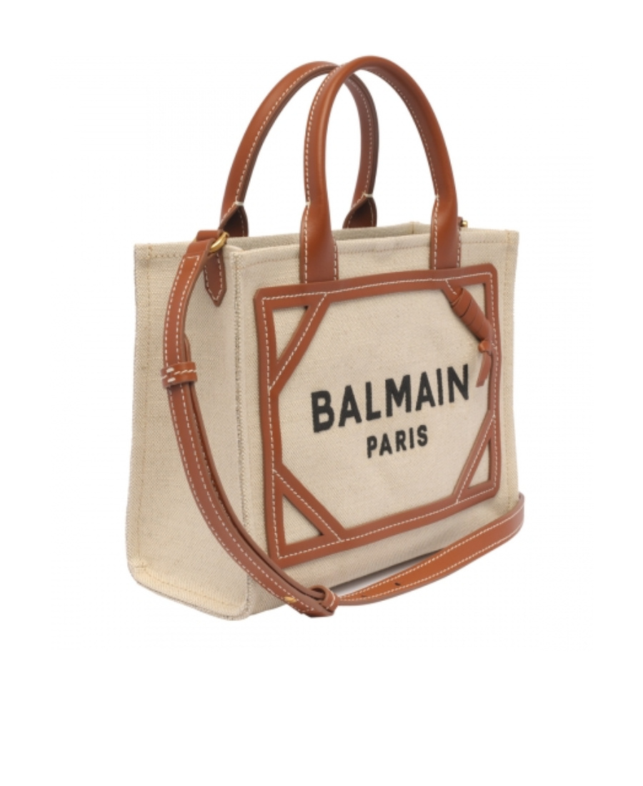 Shop Balmain B-army Small Tote Bag In Canvas And Leather In Nude