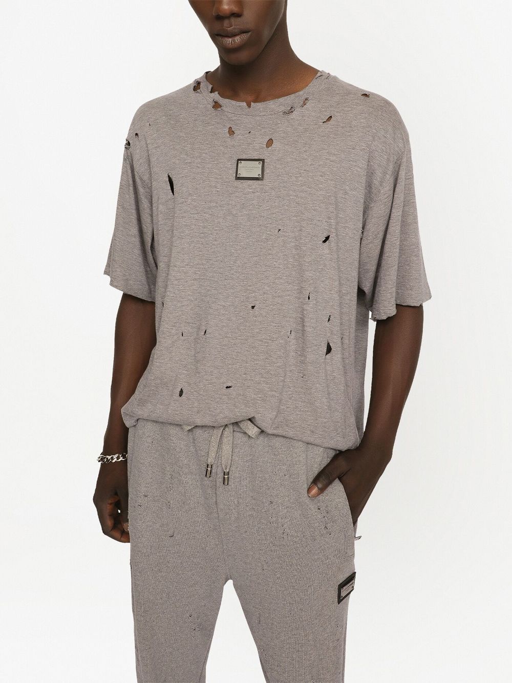 Dolce & Gabbana Distressed Logo-plaque T-shirt In Gray