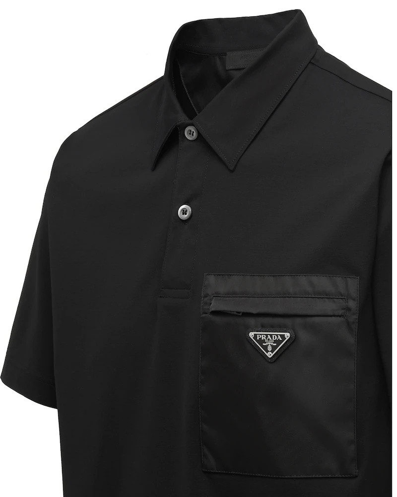 Prada Cotton Bi-material Polo Shirt In Black