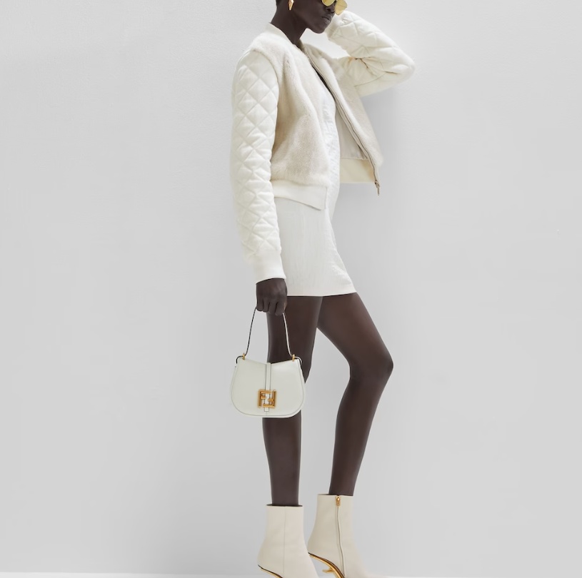 Fendi Blue Denim-effect Ff Jacquard And Brown Leather Bag In White