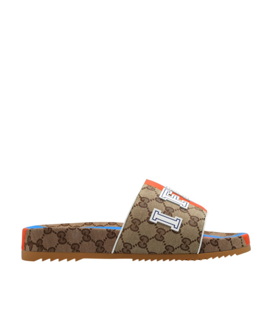 Gucci Gg Canvas Logo-patch Slides In Brown