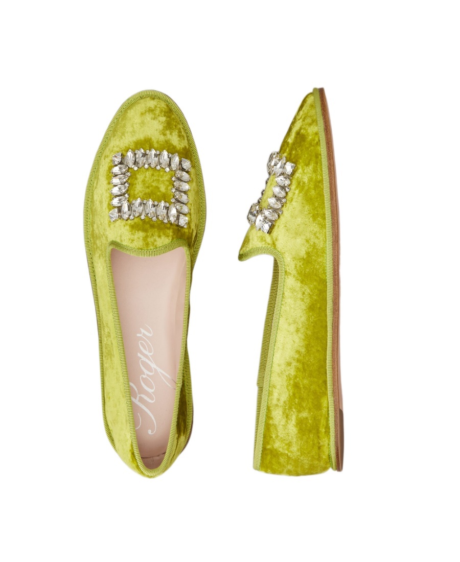 Shop Roger Vivier Babby Viv' Strass Embroidered Buckle Velvet Loafers In Green