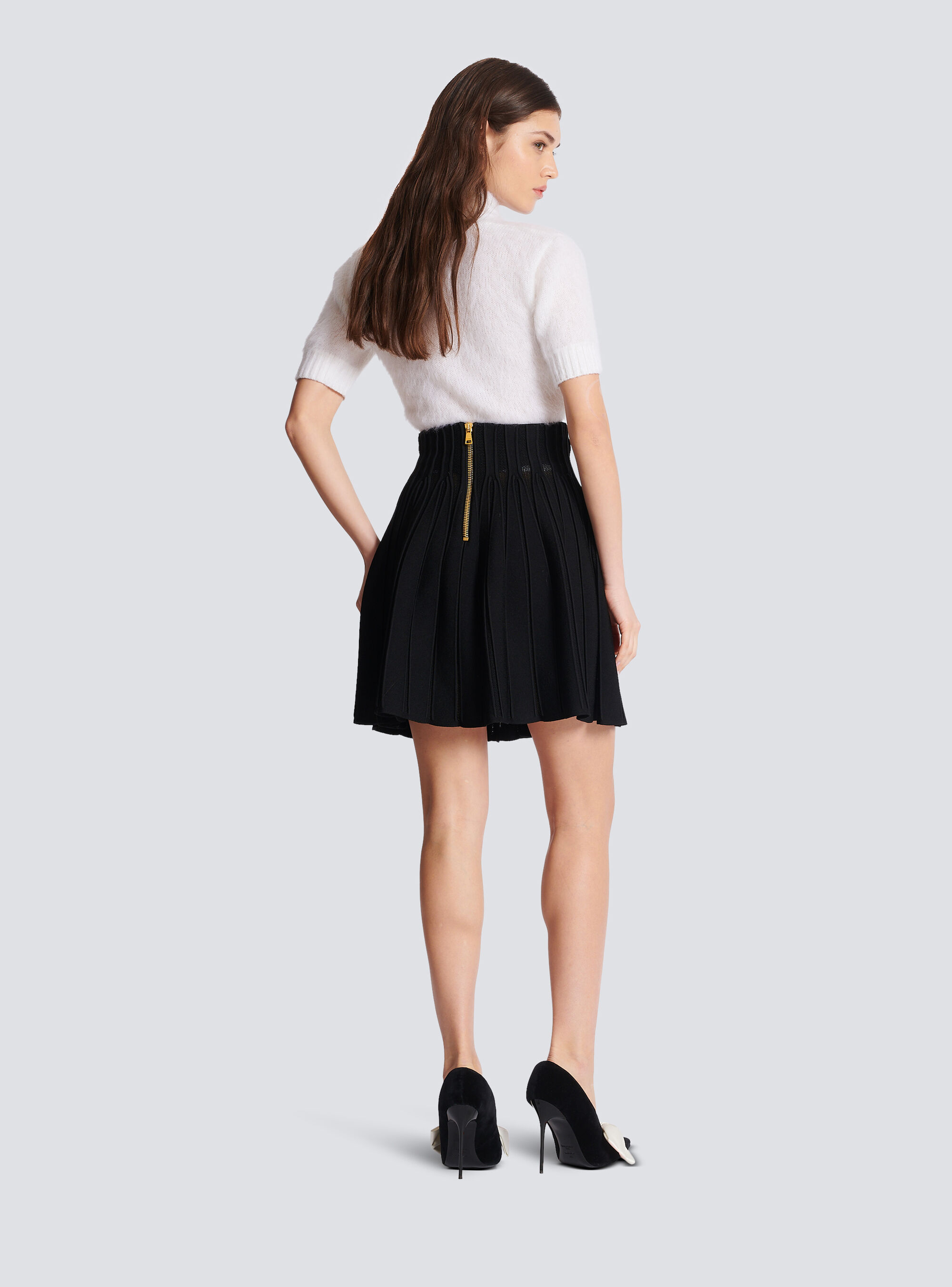 Balmain Double-breasted Rib Knit Flare Mini Skirt In Black
