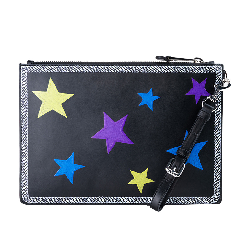 Moschino Black Five-pointed Star Letter Zipper Clutch In Black