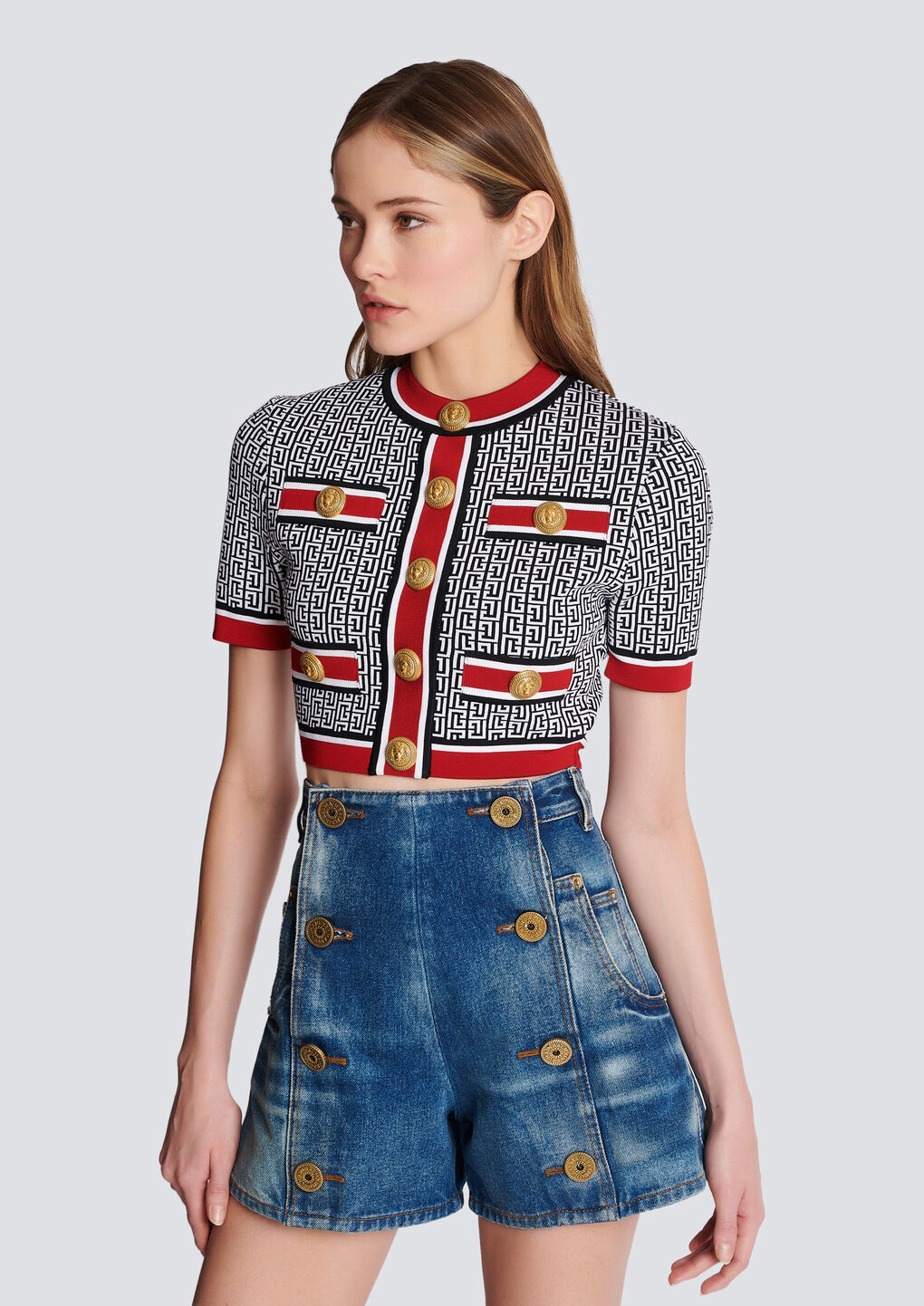 Balmain Monogram Jacquard Short Sleeve Crop Sweater In Black